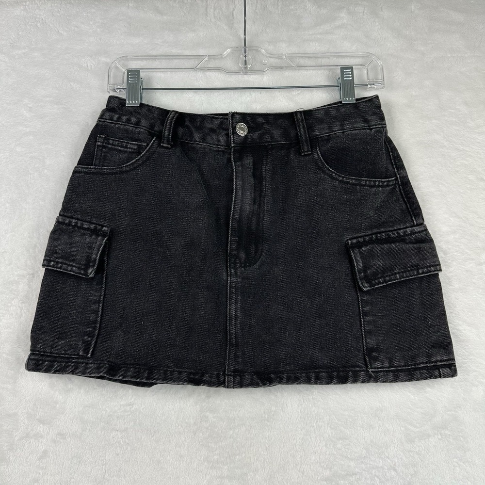 Shein Womens Black Washed Denim Skirt Small 4 Side Cargo Pockets‎